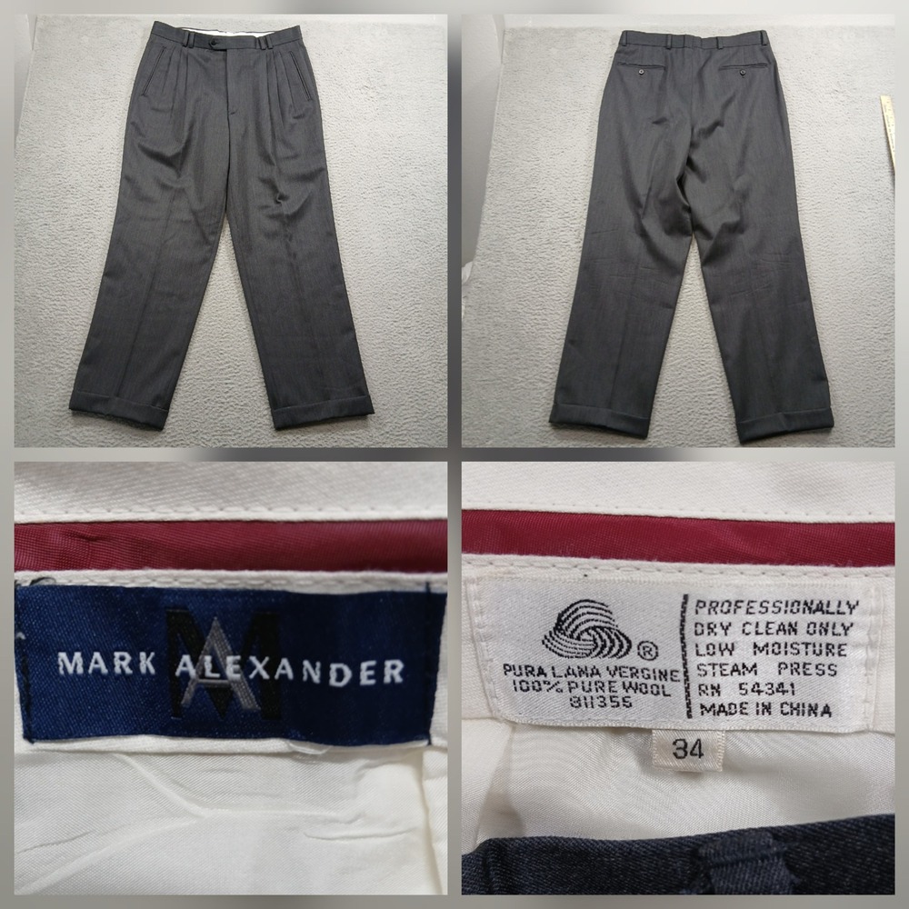 Mark Alexander Gray Pleated Dress‎ Pants Mens 34 100% Wool Cuffed Vintage EUC